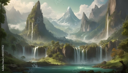 A fantasy landscape with towering mountains and ca