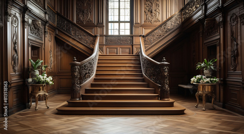 Classic Carved Wooden Staircase in Traditional Home