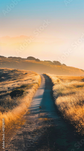 A road in the countryside with a beautiful sunset in the background