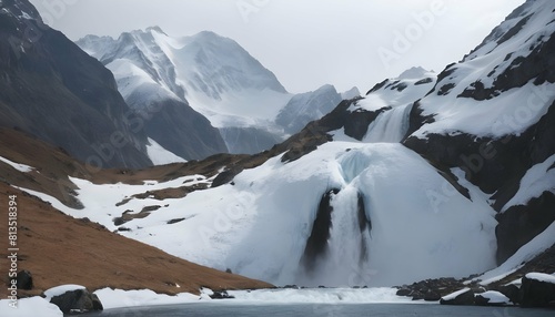 A waterfall framed by towering snow capped mountai photo