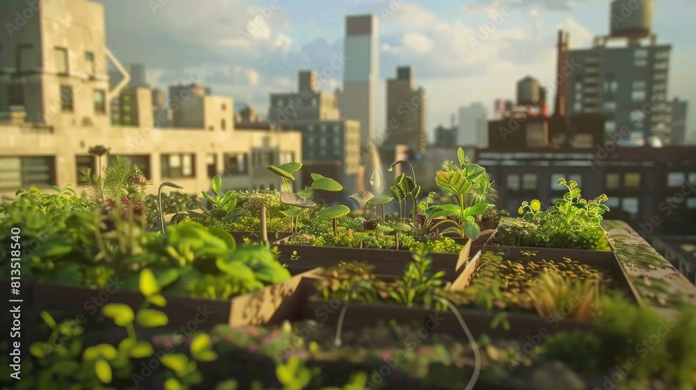 Fototapeta premium A cityscape with a rooftop garden filled with plants