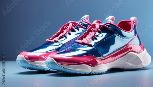 A pair of pink and blue sneakers with the laces tied.