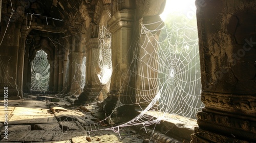 A spider web is seen in the middle of a large, empty room