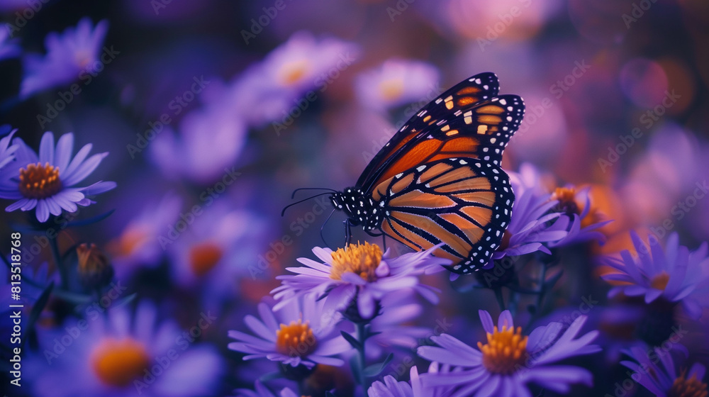 Fototapeta premium Monarch Butterfly Resting on Purple Flowers