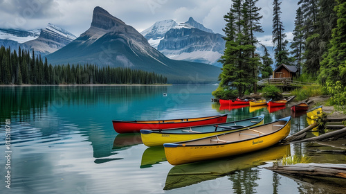 Canoes Docked on a Lake With Mountains in the Background © mattegg