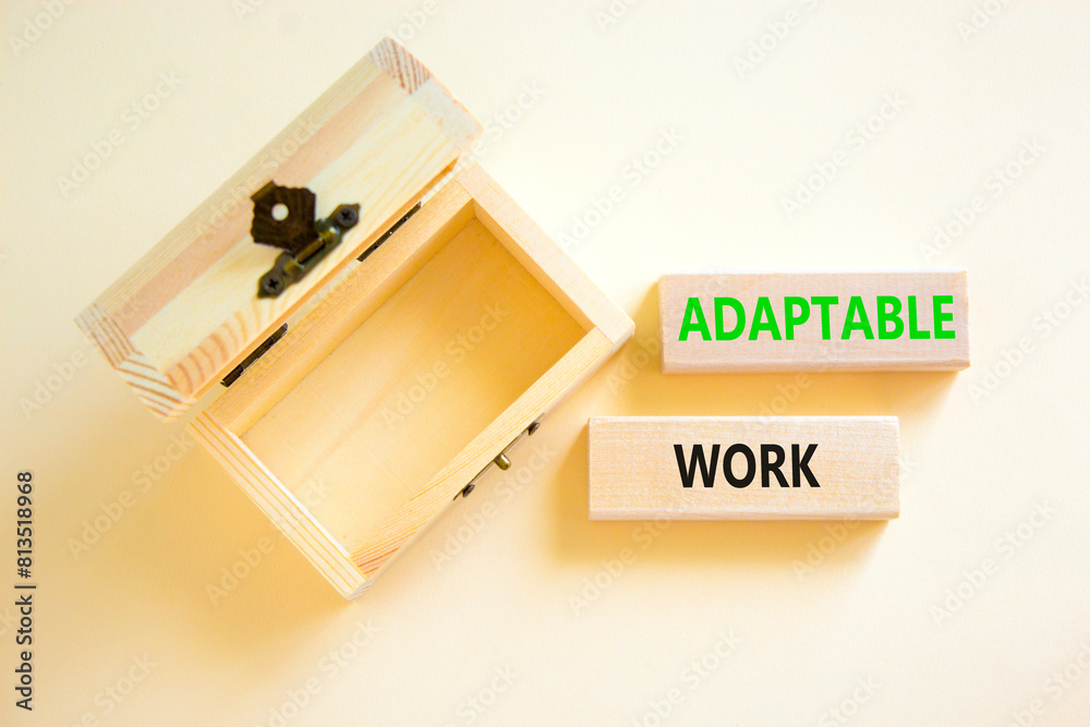 Adaptable work symbol. Concept words Adaptable work on beautiful wooden block. Beautiful white paper background. Empty wooden chest. Business Adaptable work concept. Copy space. Adaptable work symbol. Concept words Adaptable work on beautiful wooden block. Beautiful white paper background. Empty wooden chest. Business Adaptable work concept. Copy space.