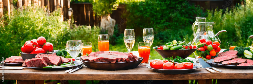 table with food in the yard. Selective focus.