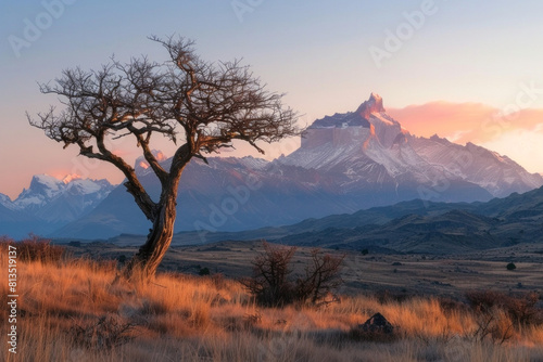 Beautiful mountain landscape view during sunset with tree 