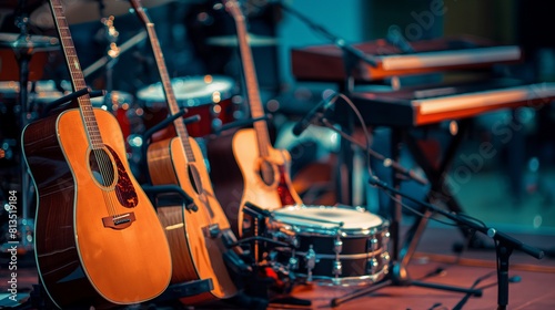 A series of musical instruments arranged on a stage in a school auditorium, ready for a performance or rehearsal, including guitars, drums, and keyboards,  dramatic lighting and depth of field photo