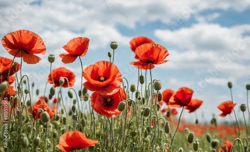 Field of red poppies against cloudy sky