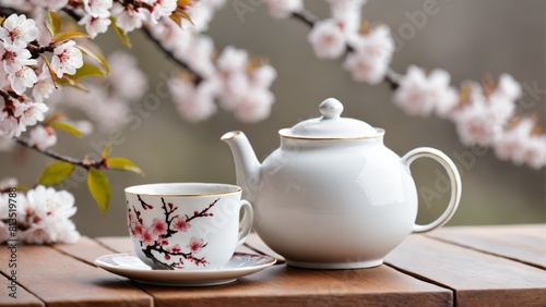 White teapot and teacup with cherry blossoms