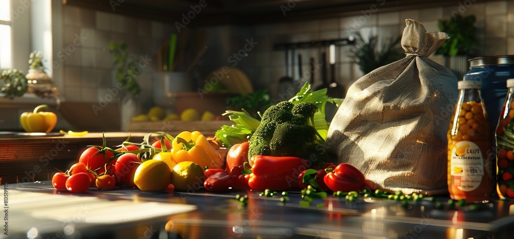 A bag of vegetables and fruits on the kitchen counter, surrounded by grocery items.