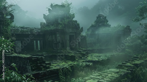 Ancient ruins on a foggy mountain Complete with forgotten temples and deserted paths Mysterious fog covers