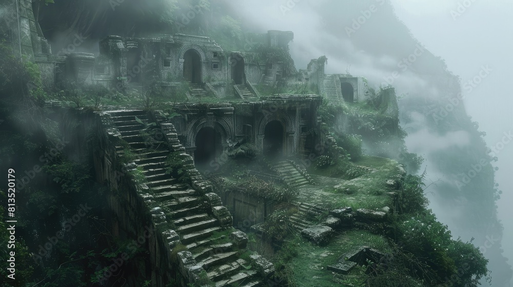 Ancient ruins on a foggy mountain Complete with forgotten temples and deserted paths Mysterious fog covers Ancient ruins on a foggy mountain Complete with forgotten temples and deserted paths Mysterious fog covers