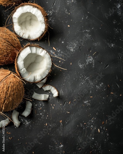 Coconuts halved and pieces arranged on a dark rustic background, highlighting the contrast of their white flesh and brown shells. Natural frame with copy space for text.