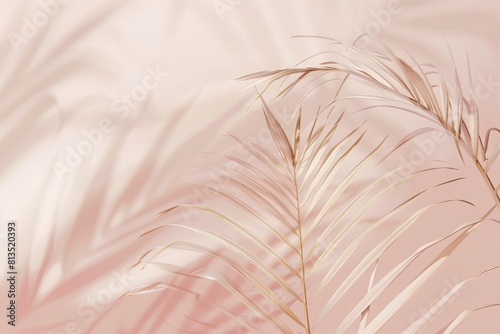 A soft pink background with two palm leaves on the right side, creating an elegant and minimalist aesthetic for wedding branding materials or graphic designs. white wall with palm leaves