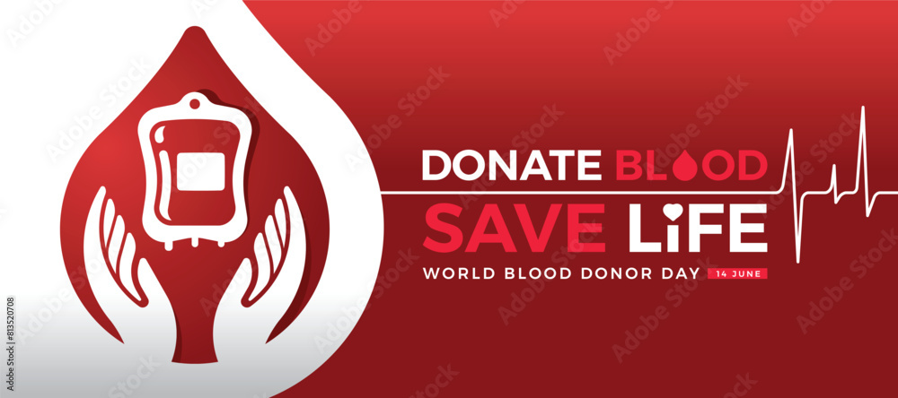 World donor blood day, Donate blood save life - Hands hold care blood bag in red drop blood symbol on white red background with line rhythm wave vector design World donor blood day, Donate blood save life - Hands hold care blood bag in red drop blood symbol on white red background with line rhythm wave vector design