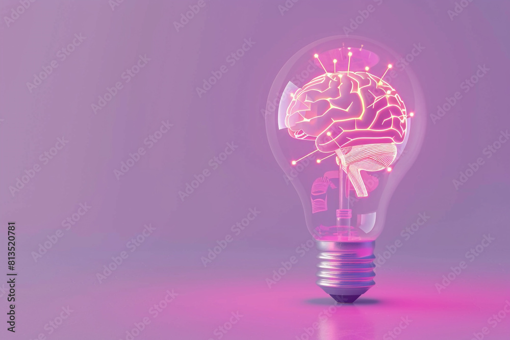 A sleek, 3D light bulb with neon brain circuits, floating on a pastel lavender background, embodying advanced thinking A sleek, 3D light bulb with neon brain circuits, floating on a pastel lavender background, embodying advanced thinking