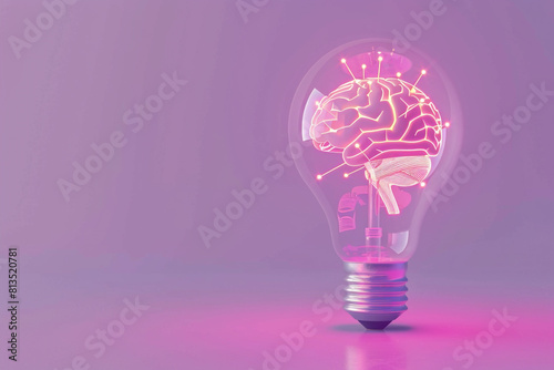 A sleek, 3D light bulb with neon brain circuits, floating on a pastel lavender background, embodying advanced thinking 