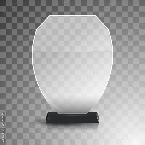 Glass award trophy set. Transparent prize template. Winner first place concept. Vector illustration. Winner glass trophy. First place award, crystal prize and signed acrylic trophies. Glass awarding t