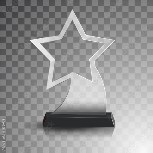 Glass winner trophies. Glass Trophy Awards. First place award, crystal prize and signed acrylic trophies. Glass award trophy or winner prize realistic vector illustration. Transparent crystal plate