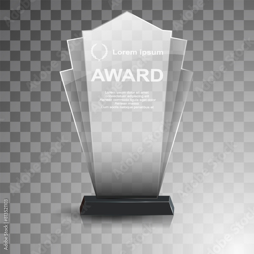 Glass winner trophies. Glass Trophy Awards. First place award, crystal prize and signed acrylic trophies. Glass award trophy or winner prize realistic vector illustration. Transparent crystal plate
