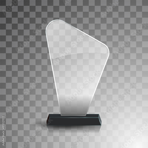 Glass winner trophies. Glass Trophy Awards. First place award, crystal prize and signed acrylic trophies. Glass award trophy or winner prize realistic vector illustration. Transparent crystal plate