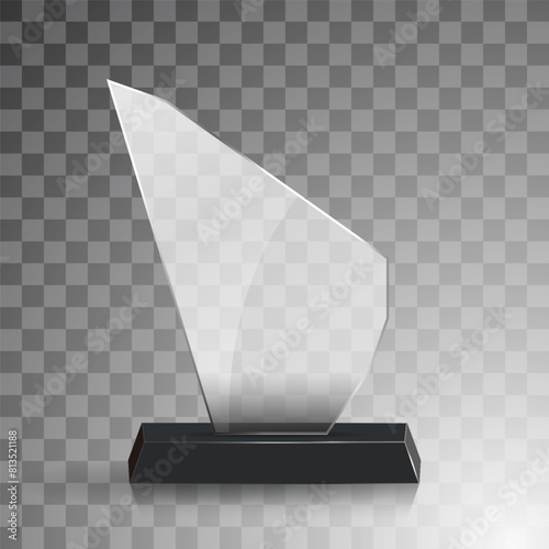 Glass winner trophies. Glass Trophy Awards. First place award, crystal prize and signed acrylic trophies. Glass award trophy or winner prize realistic vector illustration. Transparent crystal plate