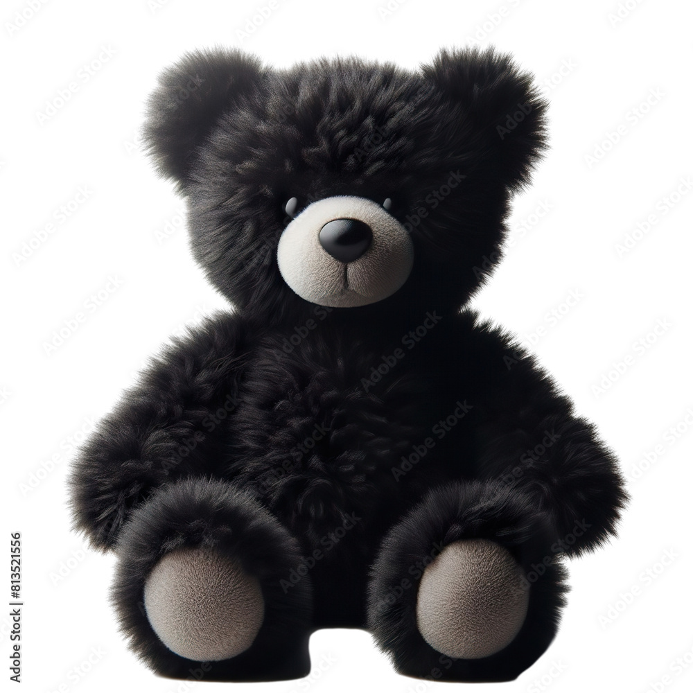 a fur plush stuffed black teddy bear, white background PNG