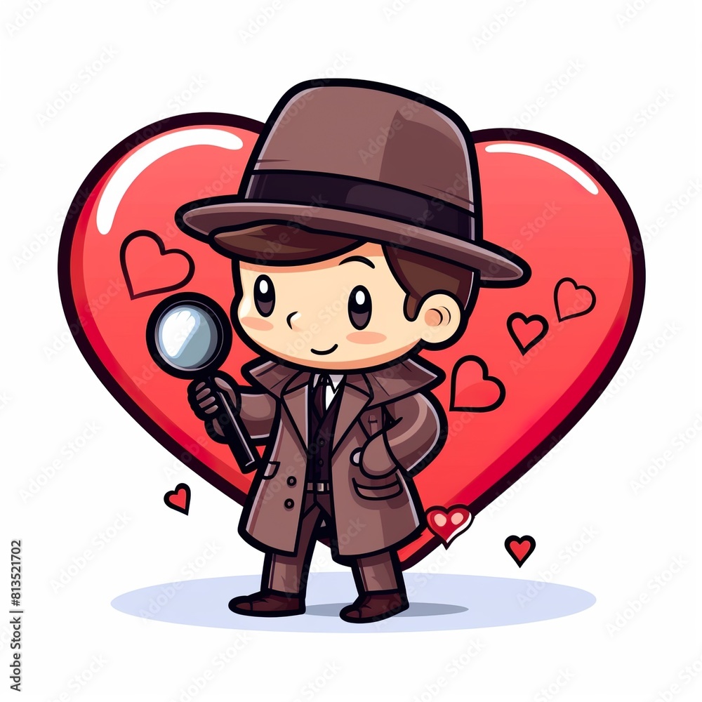 A stick-figure detective solving a love-themed mystery with heart-shaped clues A stick-figure detective solving a love-themed mystery with heart-shaped clues