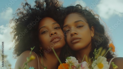 high quality dreamic shot of two realistic biracial women. flowers and sky on the background