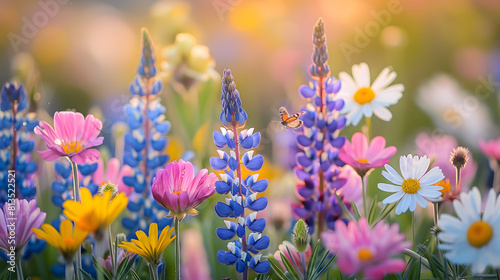 A photo featuring the colorful wildflowers blooming across the meadows of Norway during the summer season. Highlighting the vibrant hues of lupines  daisies  and buttercups.