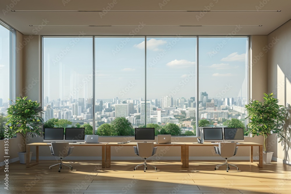 Fototapeta premium Workspace Interior with Panoramic Window created with Generative AI
