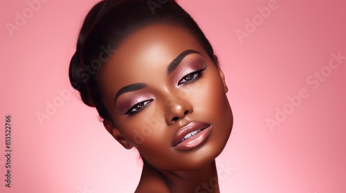 Portrait of a Beautiful, sexy, happy smiling dark-skinned African American woman with perfect skin, on a pink background, banner.