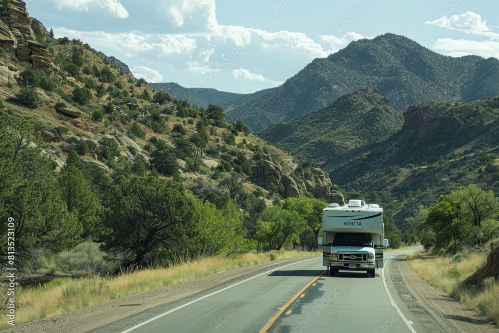 Scenic RV motorhome roadtrip Adventure in Majestic Mountain Landscape Scenic RV motorhome roadtrip Adventure in Majestic Mountain Landscape