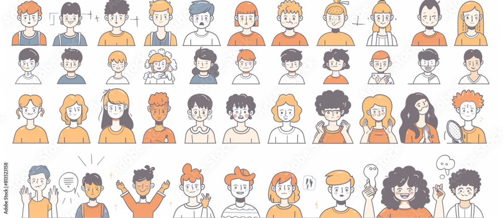 A set of various people with different expressions and poses. Each person is drawn in a simple line art style using flat colors on a white background