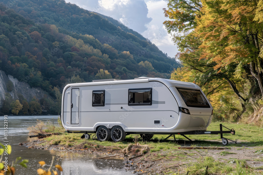 Fototapeta premium Scenic RV motorhome roadtrip Adventure in Majestic Mountain Landscape