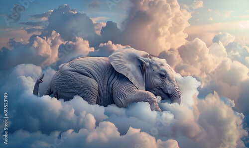 Cute little elephant sleeping on clouds Dreaming Baby Elephant on Clouds photo