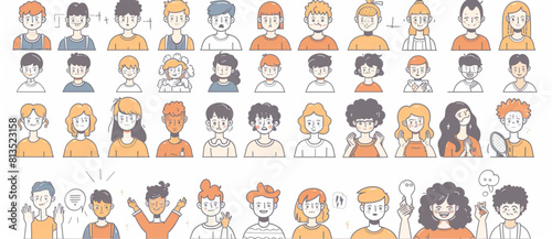 A set of various people with different expressions and poses. Each person is drawn in a simple line art style using flat colors on a white background