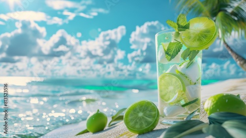 Exotic Summer Mojito with Beach Vibes on a blurry sea background