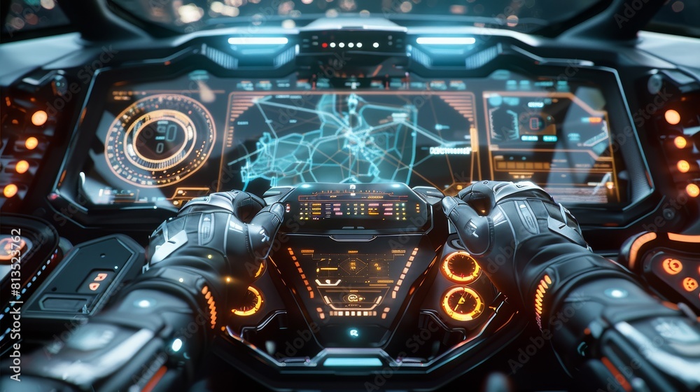 A holographic Interface on the windshield, first person view, futuristic vehicle interior, wide angle, hands on the command. Generative AI. A holographic Interface on the windshield, first person view, futuristic vehicle interior, wide angle, hands on the command. Generative AI.