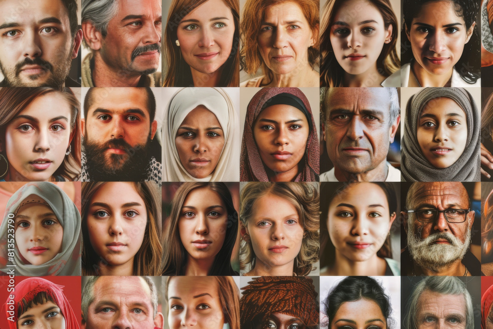 Collage of diverse faces showing a spectrum of human emotions and backgrounds. Collage of diverse faces showing a spectrum of human emotions and backgrounds.