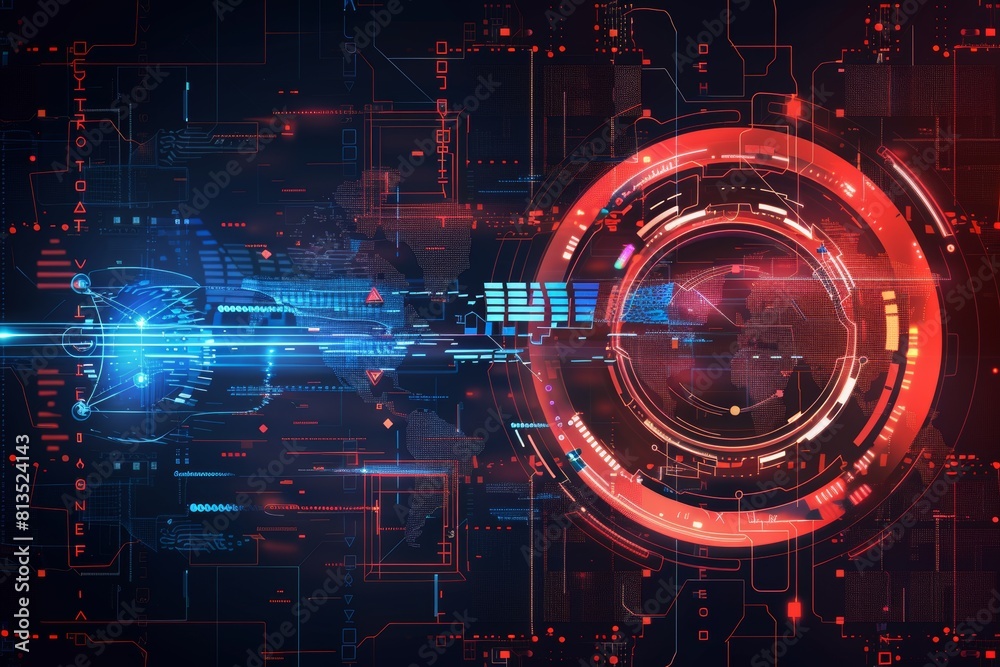 Fototapeta premium Flag illustration focusing on intrusion detection systems, top view, cybersecurity readiness, futuristic tone, Splitcomplementary color scheme