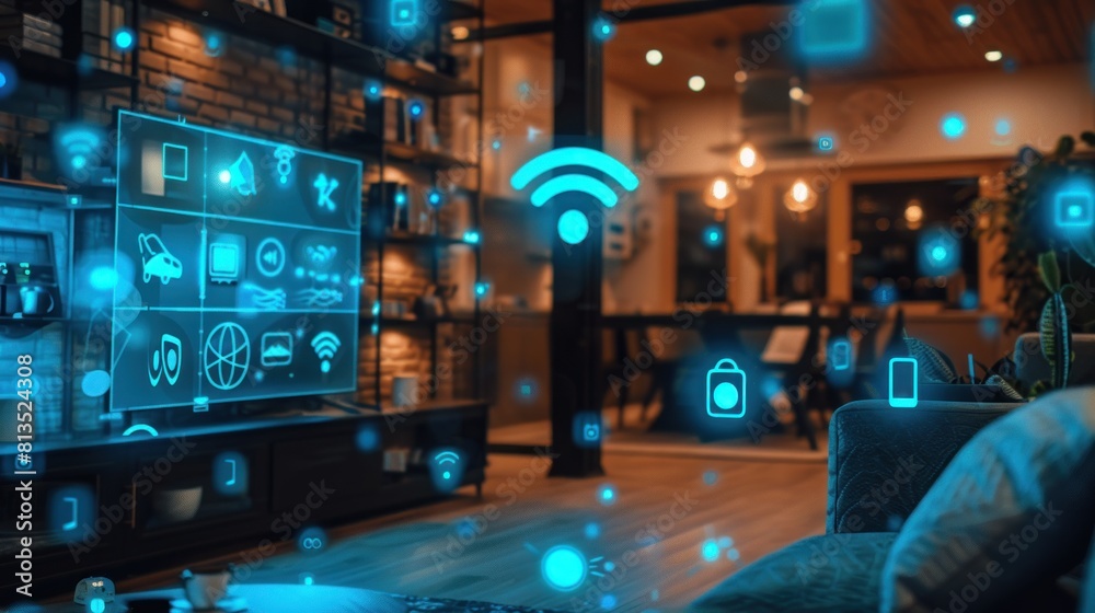 Futuristic smart home interior with connected devices and digital symbols. Seamless integration into daily life. Futuristic smart home interior with connected devices and digital symbols. Seamless integration into daily life.