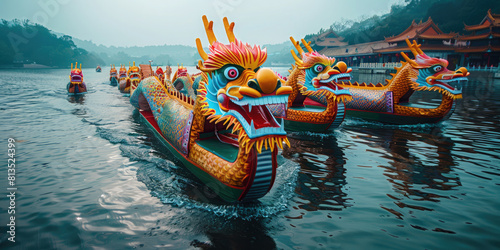 Traditional colorful dragon boats. Dragon Boat Festival in China, Asia. Duanwu Festival. Banner photo