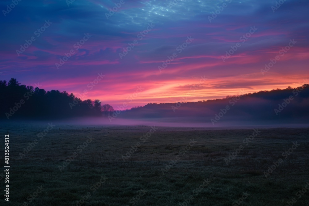Dramatic Sunrise Over Misty Forest Landscape Dramatic Sunrise Over Misty Forest Landscape