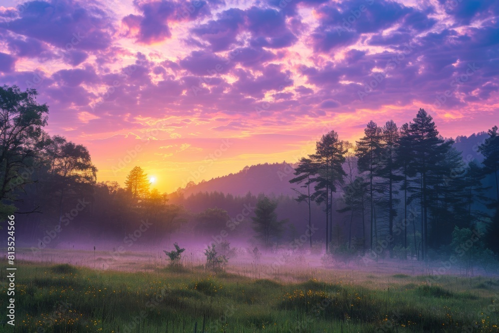 Dramatic Sunrise Over Misty Forest Landscape Dramatic Sunrise Over Misty Forest Landscape