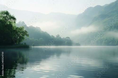 Mystical Morning Fog Over a Mountain Lake