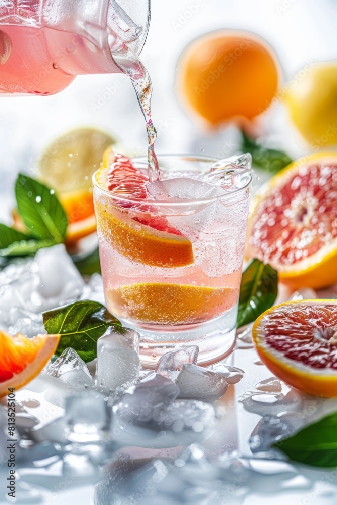 Mineral water in a glass with a slice of lemon and ice cubes. Close-up of water being poured from a bottle into a glass. Mineral water in a glass with a slice of lemon and ice cubes. Close-up of water being poured from a bottle into a glass.