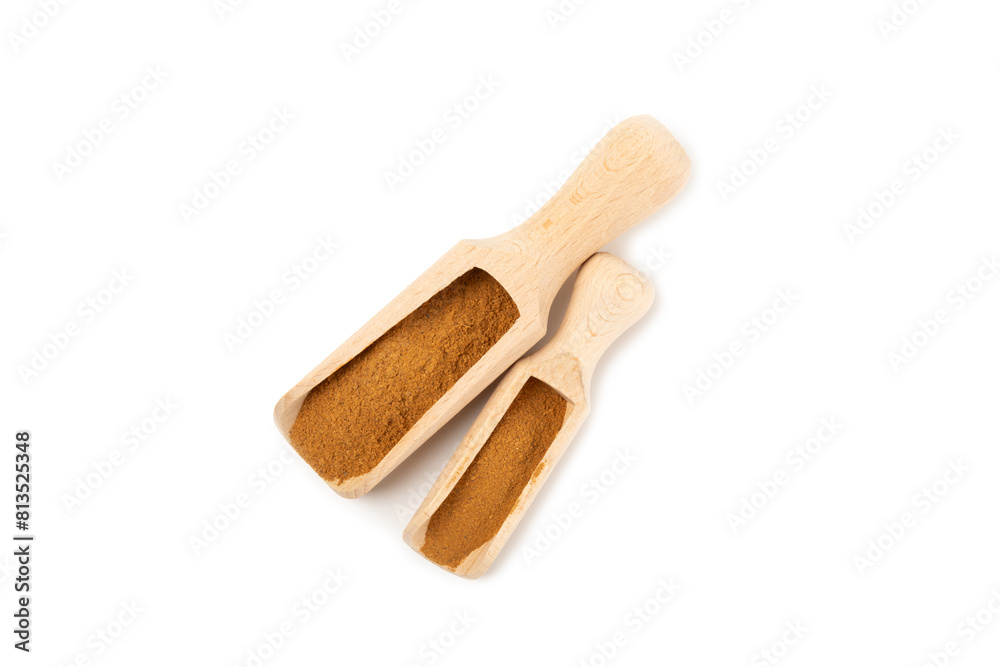 Cinnamon powder isolated on white background. Spicy spice for baking, desserts and drinks. Fragrant ground cinnamon. Cinnamon powder isolated on white background. Spicy spice for baking, desserts and drinks. Fragrant ground cinnamon.